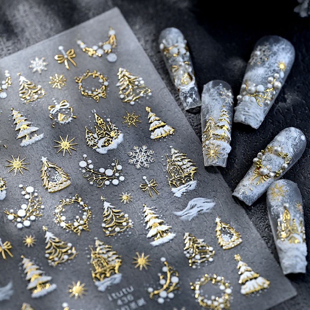 Nail Art Xmas Stickers - 5D Embossed Gold Castle/Garland/Christmas Tree Nail
