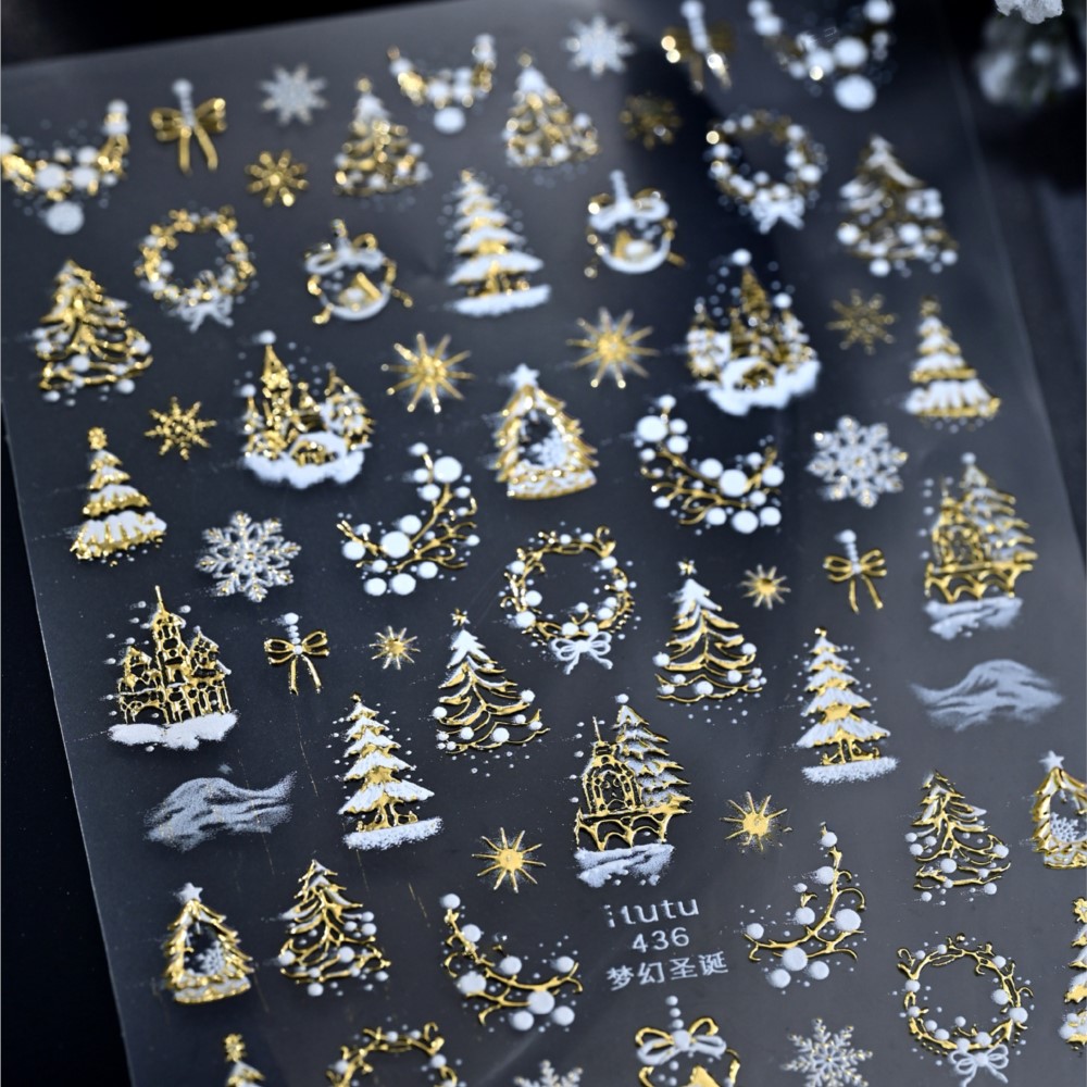 5D Embossed Gold Castle/Garlan - Nail Art Xmas Stickers 评论和价格