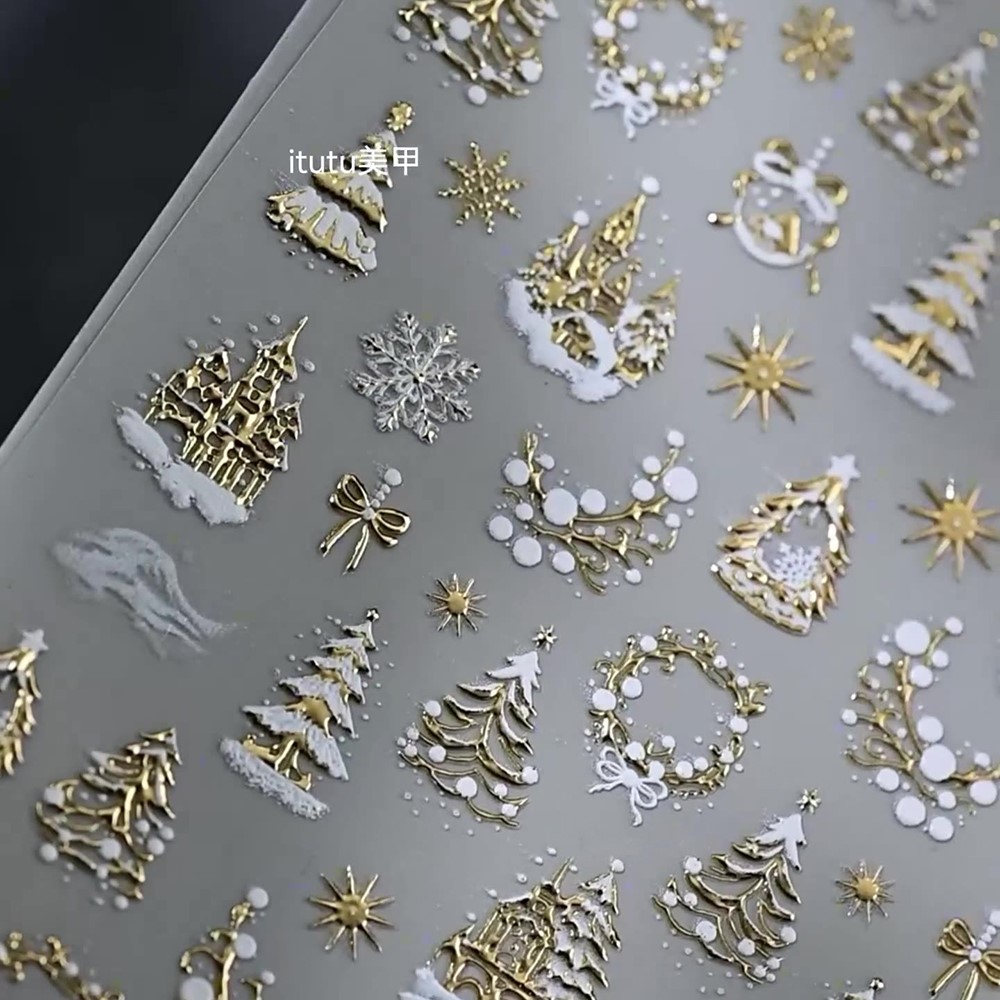 5D Embossed Gold Castle/Garlan - Nail Art Xmas Stickers 评论和价格
